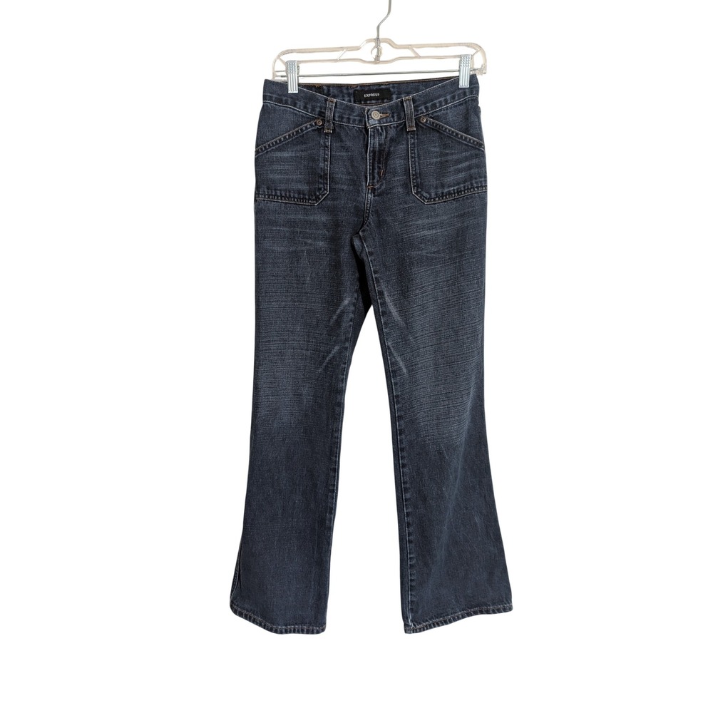 Express Precision Fit Dark Wash Flare Jeans Patch Pockets Indigo Blue